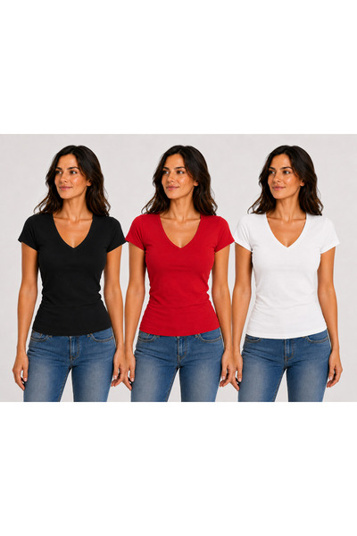 YAXİ V-Neck Body 3-Piece Set - Black Red White