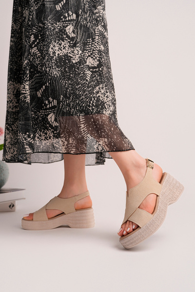 SEFERİ Women's Beige Color Comfortable Smart Padded Poly Sole High Sandals wi...