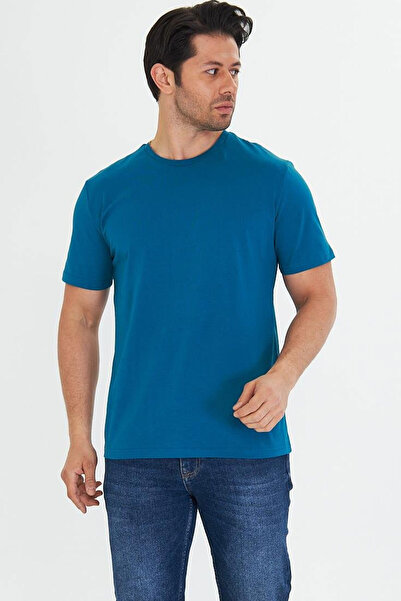 TRENDHİLL Men's Blue Cotton Crew Neck Large Size T-Shirt Mvi̇5014B