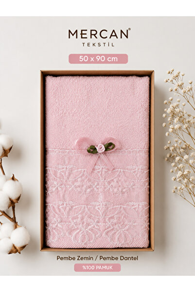 Mercan Tekstil 50x90 cm Dantelli Çeyizlik El Yüz Havlusu Kutulu %100 Pamuk