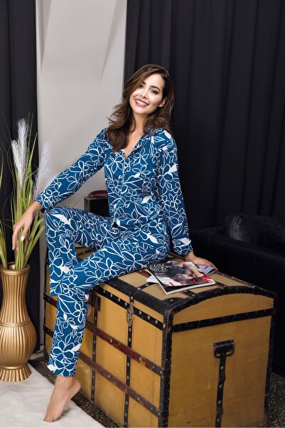 IZABEL Lingerie Blue S-M-L-Xl Size White Floral Patterned Women's Long Pajama...