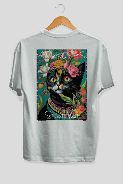 Ankhises For the Love of Cats 83 Cats Printed White Oversize T-Shirt 100% Cot...