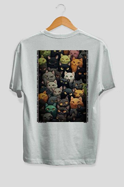 Ankhises For the Love of Cats 120 Cats Printed White Oversize T-Shirt 100% Co...