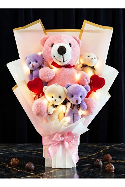 Linalux Gifts Led Işıklı Büyük Pembe Ayıcık Buketi Mini Peluş Ayılar ve Kalp ...
