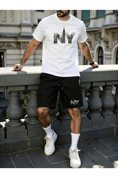 ship master Men's Oversize Ny City Silhouette Printed T-Shirt Shorts Set 100%...