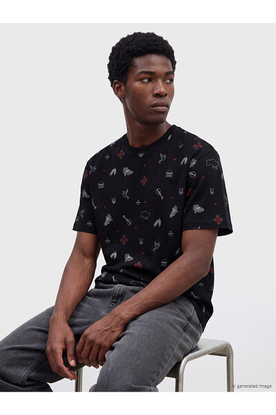 LC Waikiki Tricou bărbătesc din bumbac pieptănat cu guler oval imprimat NEVAVM