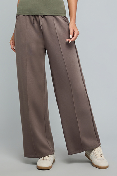 R&B Solid Wide Leg Pants with Drawstring Waist