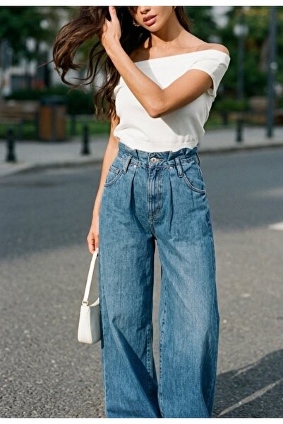 LOKADI Women's Blue High Waist Wide Leg Pleated Loose Leg Jean Denim Pants