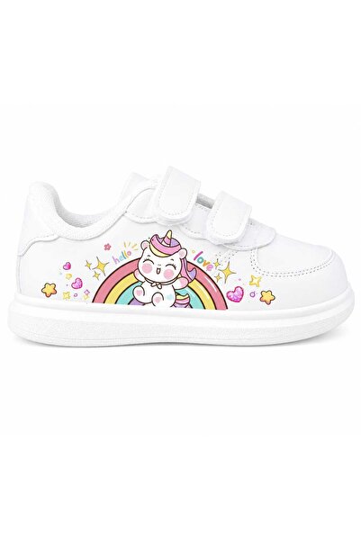 alcdesing rengarenk gökkuşağı baskılı beyaz bantlı çocuk spor ayakkabı sneaker