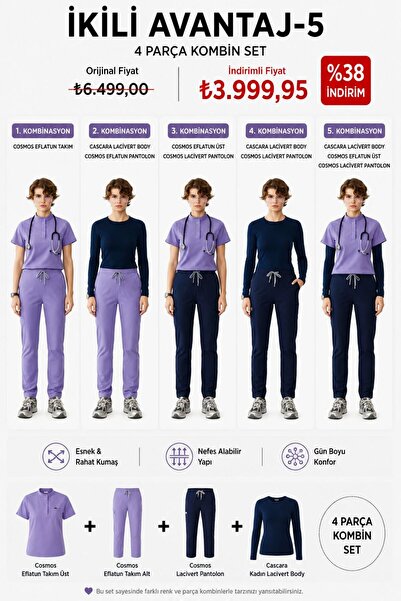 SAR UNIFORM 4 Parça Scrubs Kombin Seti Eflatun Lacivert Medikal Forma Hemşire...