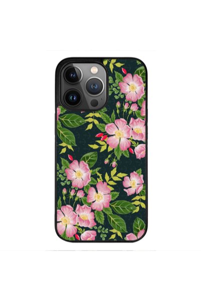 Other Apple iPhone 11 Pro Pink flowers green laves Black Glossy Θήκη