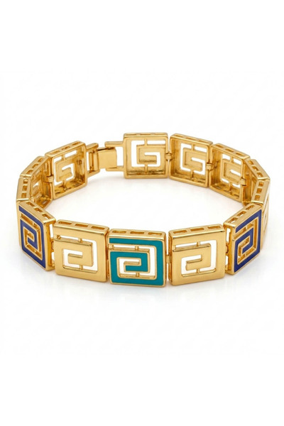 Generic Gold-Tone Greek Key Link Bracelet for Women, Blue and Turquoise Ename...