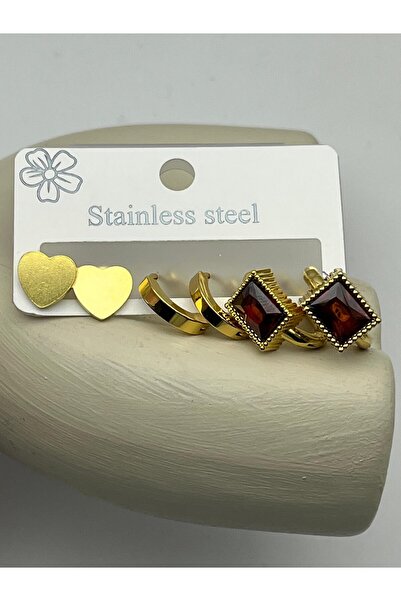 BİJU YILMAZ 26clk63 burgundy square stone detailed gold steel earring set