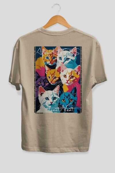 Ankhises For the Love of Cats 20 Cats Printed Beige Oversize T-Shirt 100% Cot...