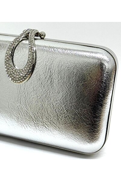 NAZART Kadın Kırışık Gümüş Abiye Clutch Zincir Askılı El ve Omuz Düğün Nişan Gece Çantası