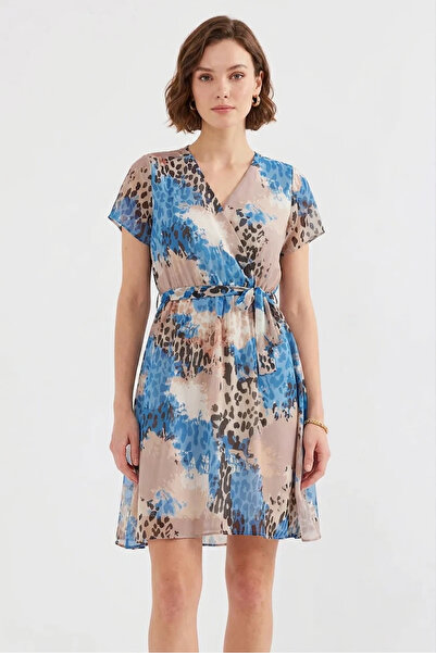 buğrahayalin Women's Short Sleeve Belted Patterned Chiffon Blue Dress