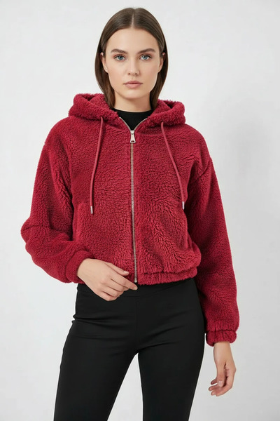 buğrahayalin Women's Hooded Crop Plush Burgundy Jacket
