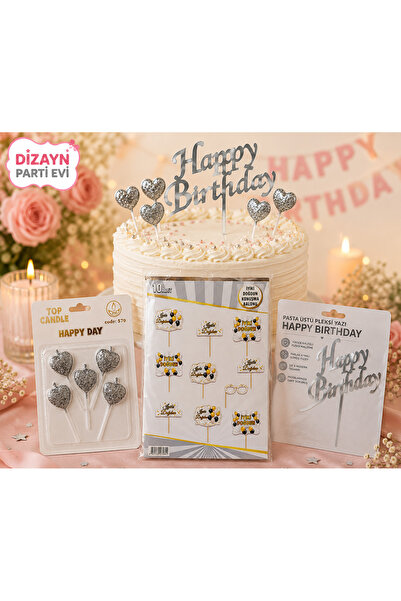 Dizayn Parti Evi Happy Birthday Gümüş Pasta Süsü Seti – Pleksi Happy Birthday...