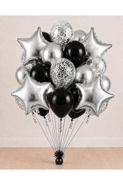 Balonsan Silver Star Black Themed Balloon Bundle 15 Pieces