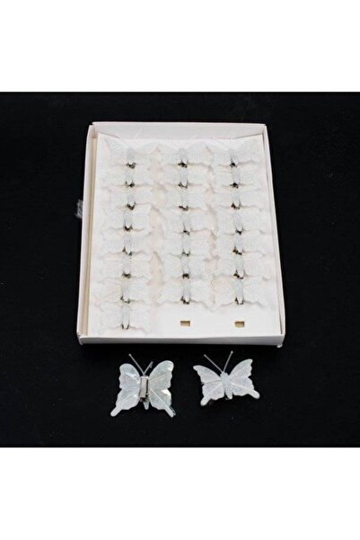 OEM Long Tail White Glitter Feather Butterflies 24/ Top Bottom Set