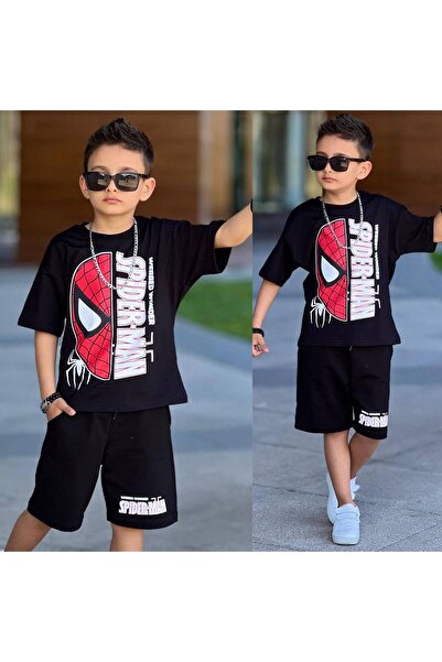Kids Erkek Çocuk Siyah Kırmızı Örümcek Desenli şortlu Takımı (1 YAŞ BÜYÜK ALI...