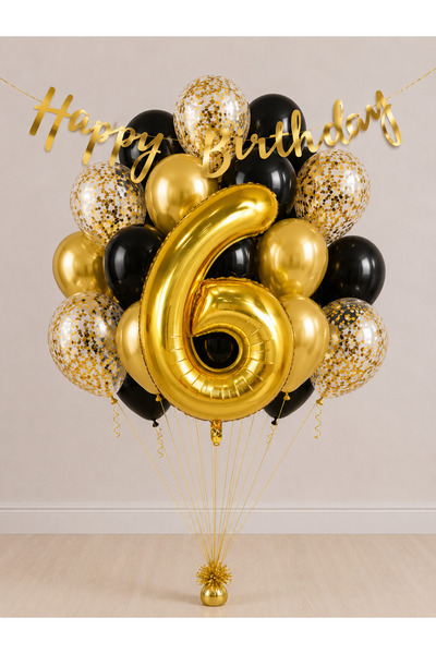Balonsan -6- Golden Happy Birthday Banner Themed Balloon Bundle 15 Pieces