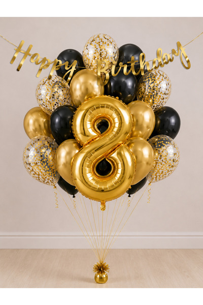 Balonsan -8- Age Gold Happy Birthday Banner Themed Balloon Bundle 15 Pieces