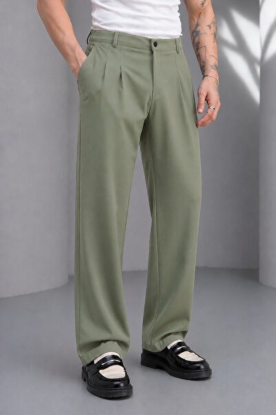 Montivo Men's High Waist Pleated Wide Leg Fabric Trousers Baggy Loose Cut Cas...