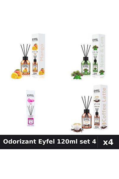 Eyfel Set 4 Odorizant Cameră Betisoare 120ml - Mango, Cafea, Pin Mentă, Bubbl...