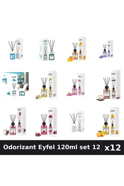 Eyfel Set 12 Odorizant Cameră Betișoare - 12 Arome Asortate, 120ml Parfum