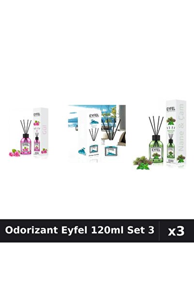 Eyfel Set 3 Odorizant Camera Betisoare 120ml - Ocean, Pin Menta, Trandafir