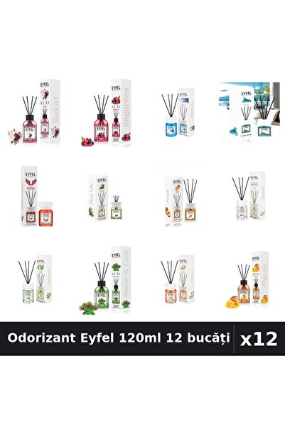Eyfel Set 12 Odorizant Cameră Betișoare 120ml - 12 Arome Asortate, Parfum Intens