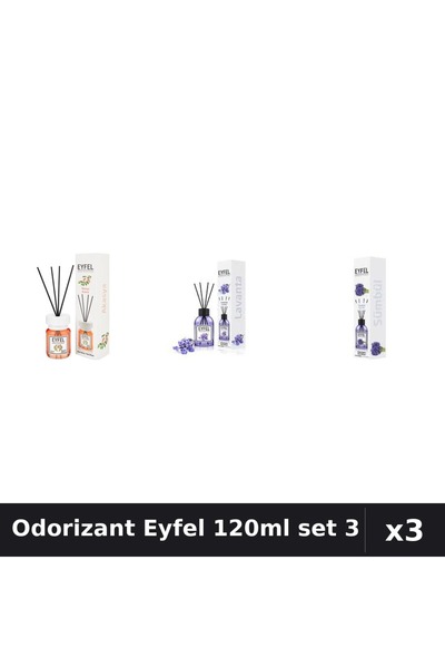 Eyfel Set 3 Odorizant Cameră Betisoare 120ml - Acacia, Lavandă, Zambile