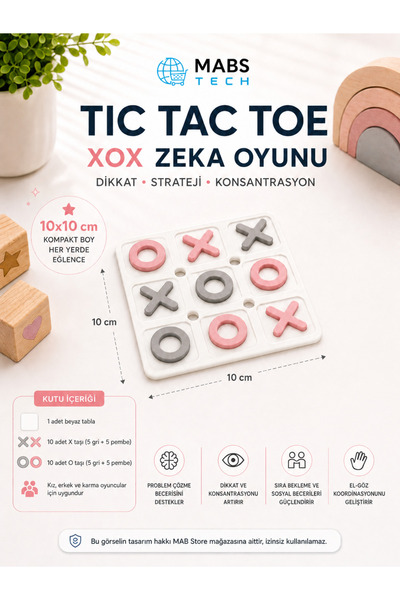 Mabs Tech Çocuklar İçin Tic Tac Toe XOX Zeka Oyunu 10x10 cm – Dikkat, Stratej...