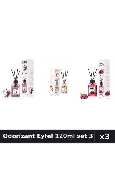 Eyfel Set 3 Odorizant Camera cu Bețișoare 120ml - Bouquet, Piersică, Fructe P...