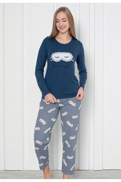 Serena Pijama damă cu mânecă lungă și pantaloni lungi, imprimeu ,,Good Night'...