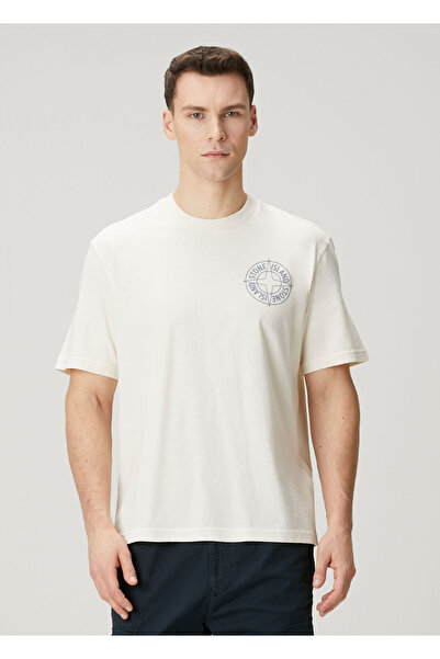 STONE ISLAND Kırık Beyaz Logo Baskılı T-shirt