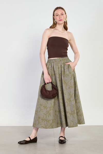 BARRELS AND OIL Women's floral embroidered long voile skirt - olive