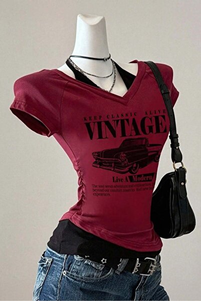 Köstebek Burgundy vintage moderni život Y2K kratki rukav crop top sa dodatnim...