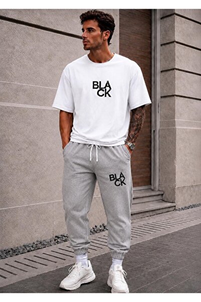FAEL LİFE Unisex Wide Cut Tracksuit and T-Shirt Black Printed Set