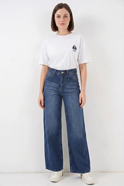 buğrahayalin Women's High Waist Denim Wide Leg Navy Blue Palazzo Trousers
