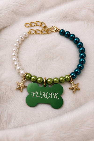 Store İsimli Yeşil Kedi Tasması Köpek Tasması İnci Boncuklu Kolye YEŞİL Metal...