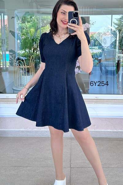 İnce Topuk V-Neck Denim Dress 6Y254