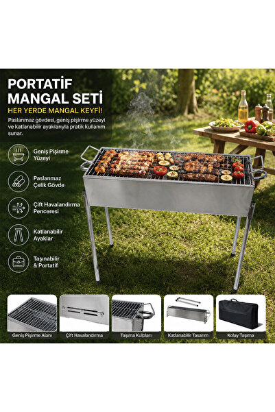 EVİMİST 70 cm Paslanmaz Çelik Portatif Mangal Seti - Katlanabilir Ayaklı Stan...