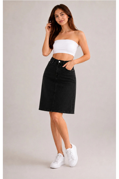 TugsatTasarTekstil Women's Black Denim Skirt High Waist Midi Length Denim Lyc...