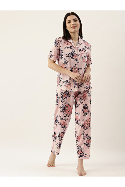 Sanskrutihomes By Styli Pink Floral Print Cotton Shirt and Pyjama Set