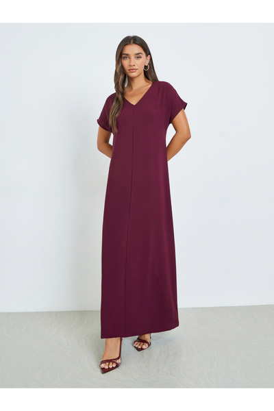 Amirah By Styli Burgundy V Neck Under Abaya Dress