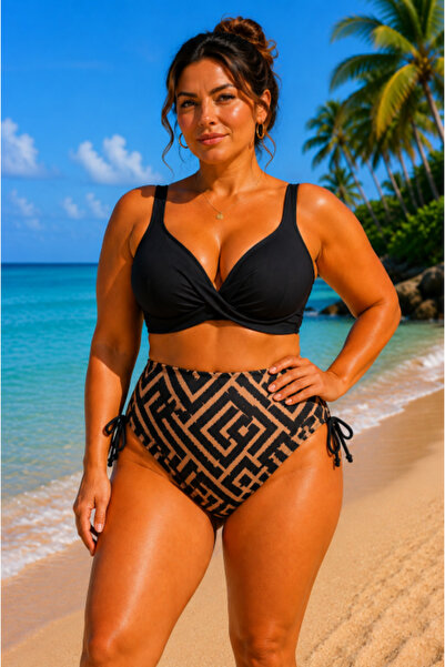 FUBA Women's 2-piece swimsuit, high waist, black with geometric beige print, ...
