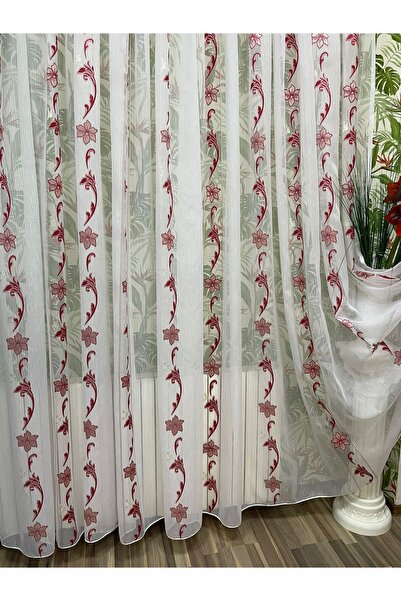 Liz Line Mechanically embroidered curtain, white/red color, from the "Roses a...