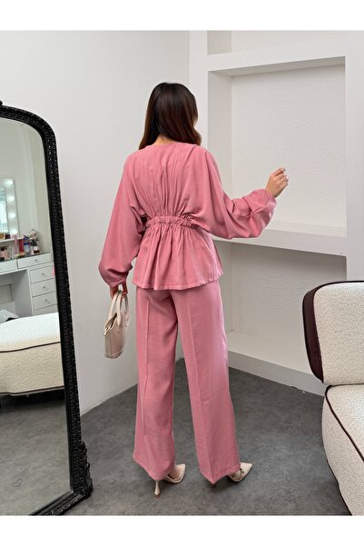 MiraMore Butik Women’s Elastic Waist Buttoned Suit Pants Blouse Set